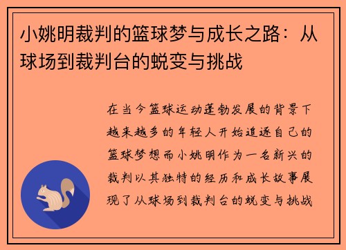 小姚明裁判的篮球梦与成长之路：从球场到裁判台的蜕变与挑战